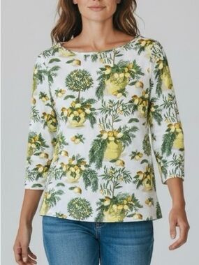 Talbots NWOT Petite White Lemon & Green Botanical Print 3/4  Sleeve Top, Stretch